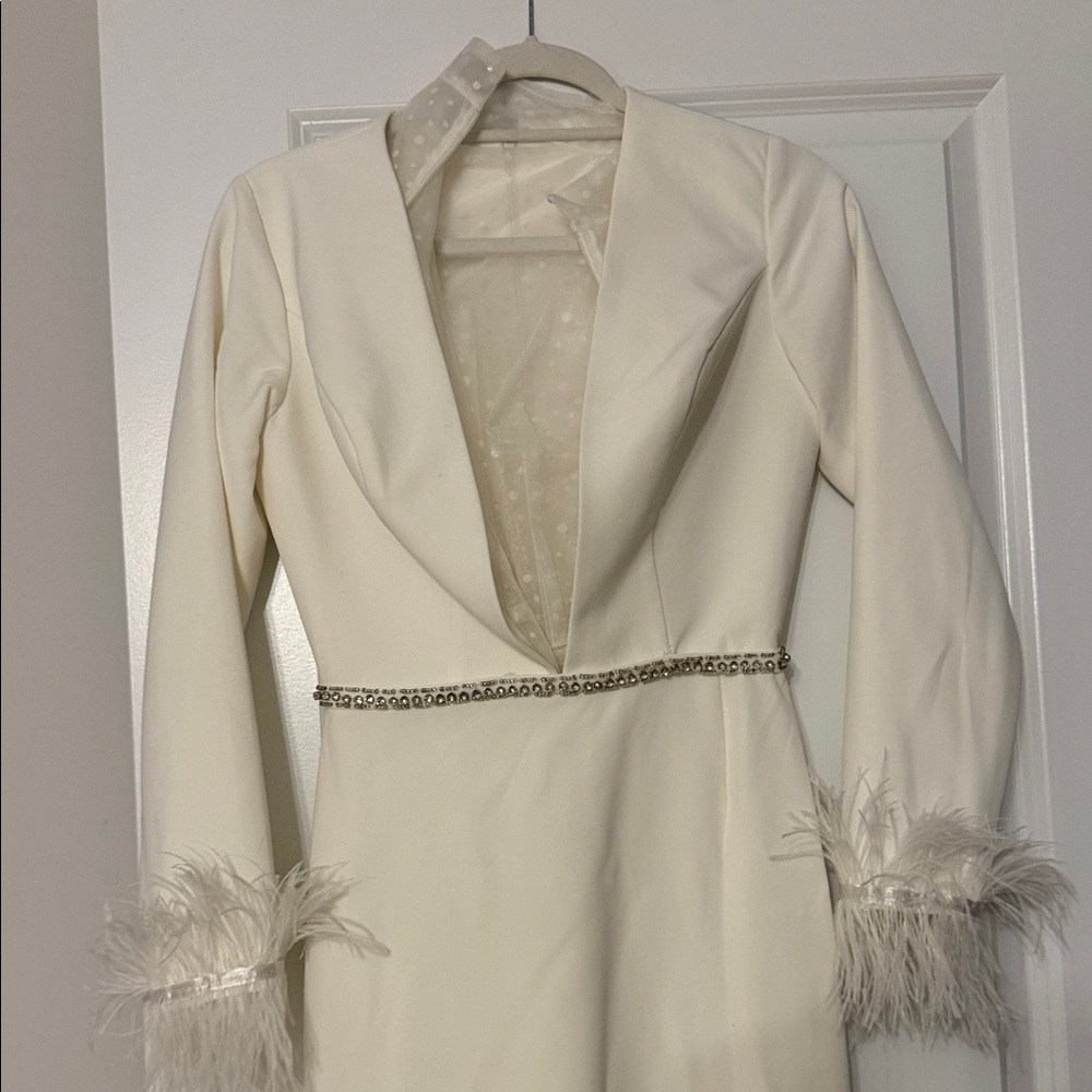 Elegant White Dress with Feather Cuffs